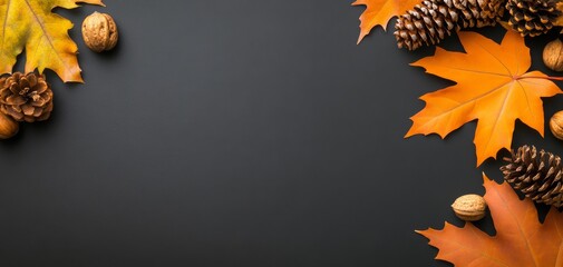 Flatlay Autumn Background: Top View of Dry Leaves, Pumpkins, and a White Table, Framing the Thanksgiving Season in October and November. Thanksgiving Flatlay: A Top View of Dry Leaves and Pumpkins.