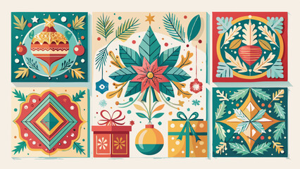 Merry Christmas greeting cards. Trendy square Winter Holidays art templates. border design is pattern Thai art style.