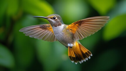 Fototapeta premium A hummingbird with vibrant orange and white feathers hovers mid-flight against a green, out-of-focus background.