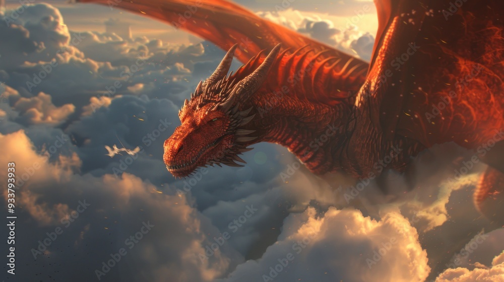 Wall mural Fiery Dragon Soaring Through Clouds.