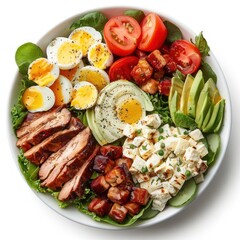 A colorful and balanced salad featuring a variety of ingredients such as vegetables,