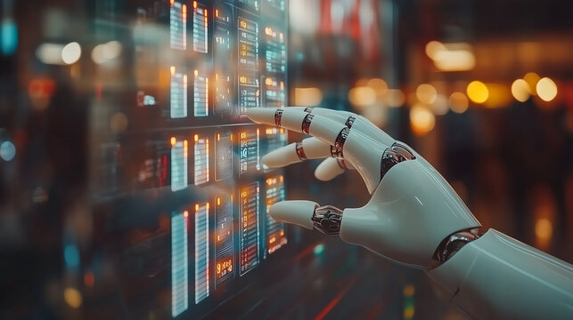 Robotic hand interacting with digital data on futuristic screen