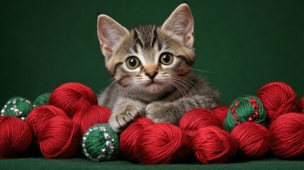 Professional Close up of a gray and white tabby kitten laying down surrounded by red and green Christmas colored yarn balls, looking at viewer. Green background