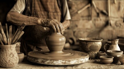 A skilled potter's hands delicately shaping a clay vase on a spinning wheel, surrounded by traditional pottery tools, captured in a rustic studio with a vintage sepia tone for a realistic ambiance.