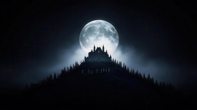 mcdonalds looks like a spooky castle on a hill, silhouetted by a large full moon, crooked graveyard in forground surrounded by fog, 3D illustration