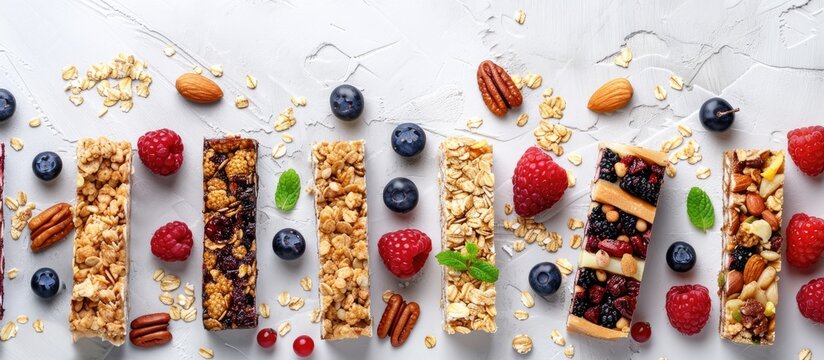 Various granola bars with fruits, nuts, and berries on a white stone backdrop, ideal for a pre or post workout snack. Features copy space and displayed from a top view.