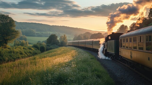 Timeless Elegance: Vintage Train Journey Through Scenic Countryside with Steam Engine