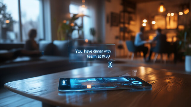 A digital tablet displaying a holographic message reminder in a cozy home setting
