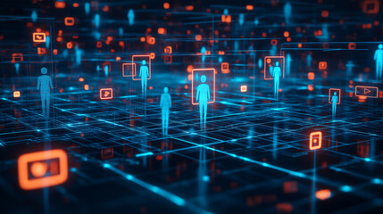 Abstract representation of a digital HR recruitment system with glowing users connected across a network