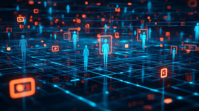 Abstract representation of a digital HR recruitment system with glowing users connected across a network