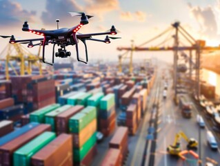Naklejka premium A drone flies over a busy port, showcasing colorful shipping containers and the efficiency of modern logistics