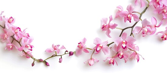 Fototapeta premium Pink dendrobium orchid flowers in bloom on a white backdrop with copy space image.