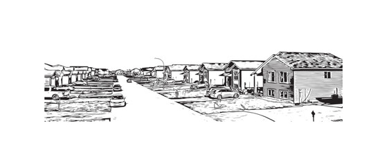 Building view with landmark of Steinbach is the third largest city in Canada. Hand drawn sketch illustration in vector. 