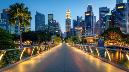 Obraz premium Singapore Skyline at Dusk with Bridge and Palm Trees