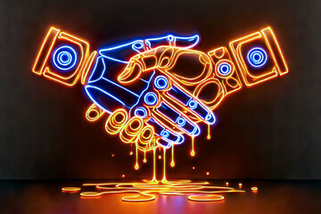 Two robotic hands, outlined in neon, clasp in a handshake with glowing lava dripping, symbolizing a heated and intense connection.