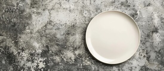 View from above of a blank plate on a concrete surface with copy space image for your design.