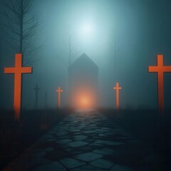 haunted cemetary at night, cinematic dark lighting, scary, haze, 3D illustration
