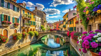 Sunny canal lined with historic buildings, vibrant flowers, and ornate bridges, capturing the...