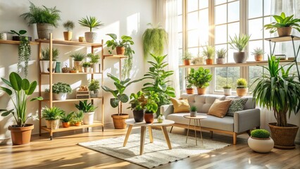 Obraz premium Sunny corner of a cozy living room with a variety of thriving potted plants and greenery on shelves and side tables against a white backdrop.