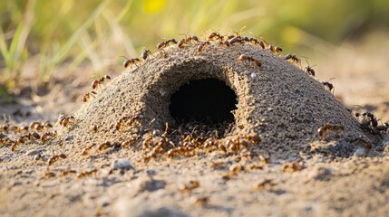 An anthill serving as a bustling transport hub, with ants moving in and out efficiently