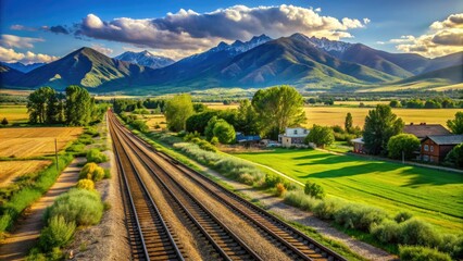 Sunny day in Windsor, Colorado, with a scenic view of the Great Western Railway train tracks surrounded by lush green fields and mountains.