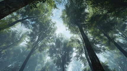 3D Illustration of Trees in a Forest with Mist and Sunlight