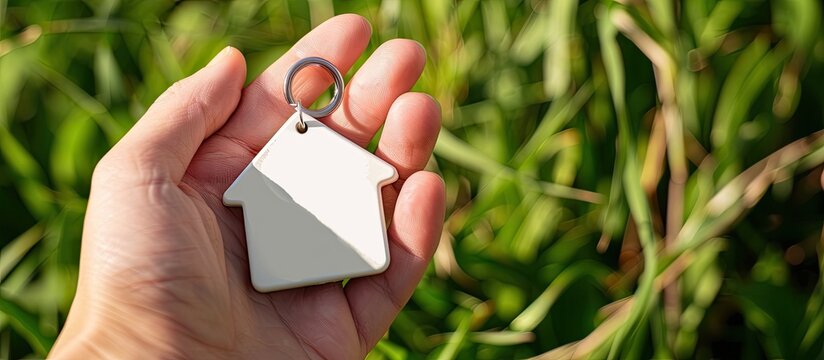 Hand holding a mockup of a house-shaped keychain. White sublimation keychain with space for adding content in the image. image with copy space