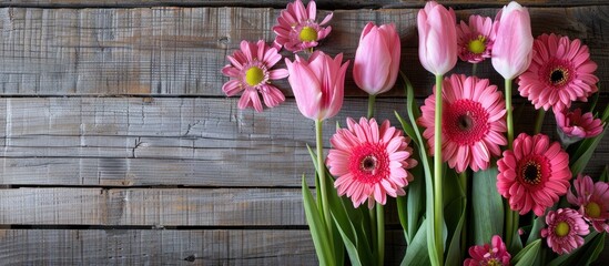 Top view of spring flowers such as pink tulips and gerbera arranged on vintage gray wood for a Mother's Day theme with copy space image.