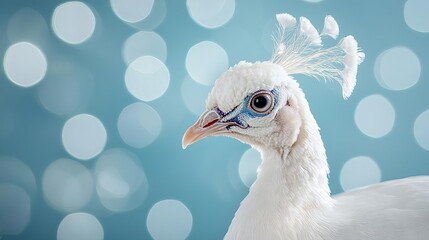 Obraz premium Elegant white peacock portrait with soft bokeh background, showcasing its unique features and color against a serene backdrop.