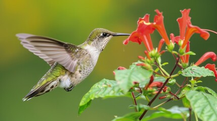 Fototapeta premium A close-up view of a hummingbird with its wings in rapid motion as it feeds from a vivid red flower. 
