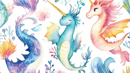 Obraz premium A whimsical background featuring a mix of birds and fish, with vibrant illustrations of flowers, dragons, and dinosaurs, all blended into a playful and artistic design