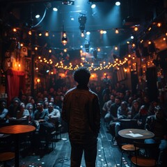 Fototapeta premium A comedian performs under vibrant stage lights in a packed comedy club, engaging an enthusiastic and lively audience with humor and wit during a night of laughter and entertainment