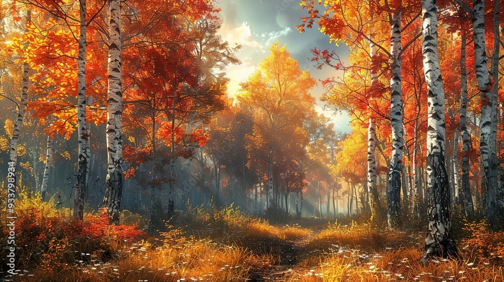 Sticker Autumn Birch Forest Path - 3D Illustration