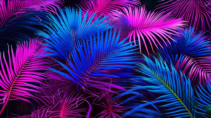 Fototapeta premium Purple blue and pink neon exotic tropical plant leaves background.