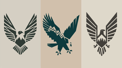  three stylized eagles, each depicted in a distinct geometric style. The eagles are arranged side-by-side, with varying shapes, sizes, and colors, creating a visually interesting composition