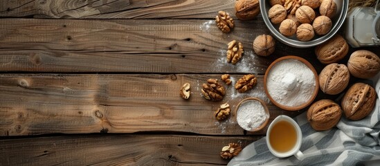 Naklejka premium Top view of ingredients for baking a sweet pie or cookies with nuts displayed on an old wooden table, forming a flat lay composition with copy space image.