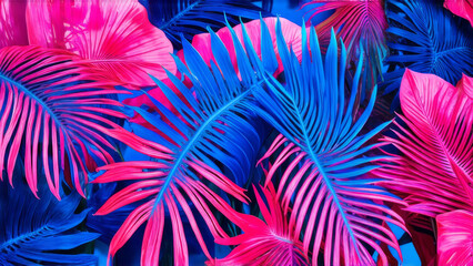 Purple blue and pink neon exotic tropical plant leaves background.