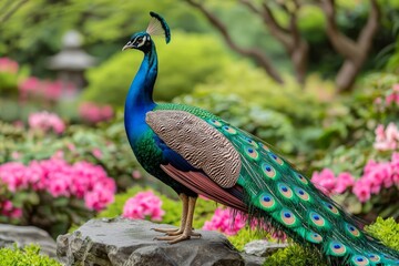 Obraz premium A vibrant peacock displaying its magnificent feathers in a lush garden surrounded by colorful flowers.