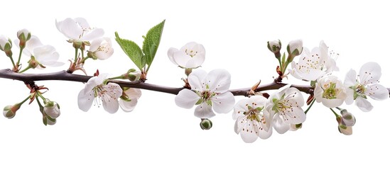 Single spring tree branch with flowers and buds isolated on a white background for design with copy space image.