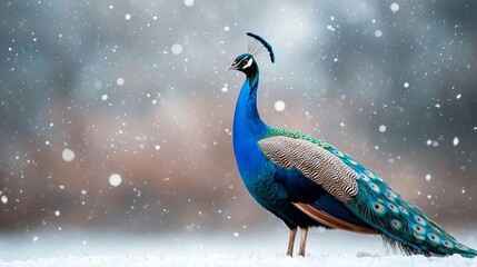Fototapeta premium A majestic peacock stands gracefully in the snowfall, showcasing its stunning plumage against a serene winter background.