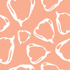 seamless autumn pattern with bulging pumpkins drawn with a white outline placed chaotically on a pastel pink background, vector