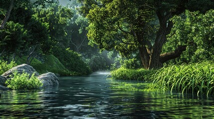 Fototapeta premium Tranquil River Through Lush Green Forest - 3D Illustration