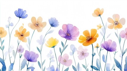 Spring flowers border on a white background with blooming flowers and butterflies in vibrant colors, featuring a mix of purple and pink tones in a natural garden design