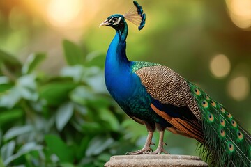 Obraz premium A vibrant peacock displaying its stunning plumage amidst lush greenery, capturing the beauty of nature and wildlife.