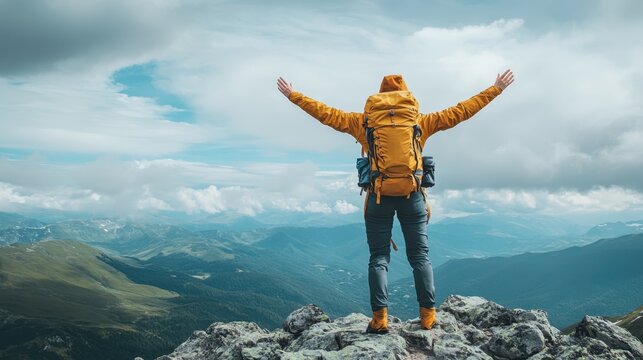 Conquering the Summit: Joyful Hiker Embracing Victory with Panoramic Wilderness View Below
