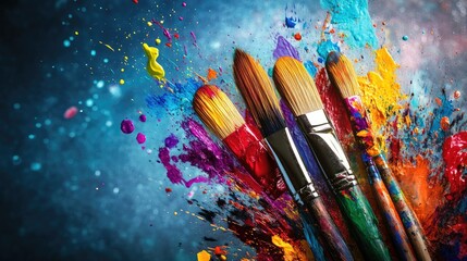 Fototapeta premium A colorful burst from paintbrushes dipped in various paints, with splatters spreading out, symbolizing artistic creativity