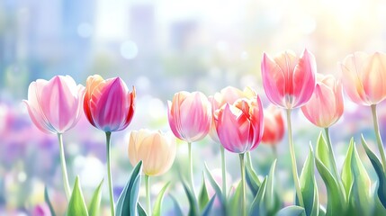 Cartoon tulips in a watercolor cityscape during a whimsical festival