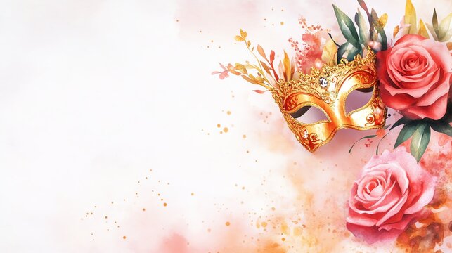 Cartoon wild rose masquerade with watercolor masks and music