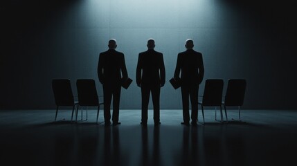 Obraz premium A dark meeting room with faceless corporate executives exchanging briefcases, highlighting hidden corruption in the business world