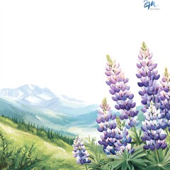 Cartoonstyle lupines in a watercolor mountain landscape